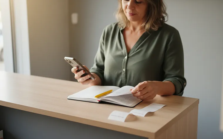 Lojista em pé na bancada da loja conferindo as contas do mês num caderno aberto, com o celular na mão e dois comprovantes de papel