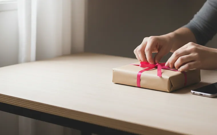 Mãos de uma artesã amarrando uma fita rosa num pacote de papel kraft, com o celular virado para baixo ao lado